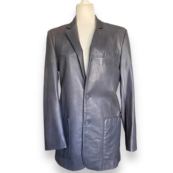 VNTG Summit Smooth Leather Blazer Jacket M Grey Long Line Lapel Collar 1980s - Picture 10 of 15